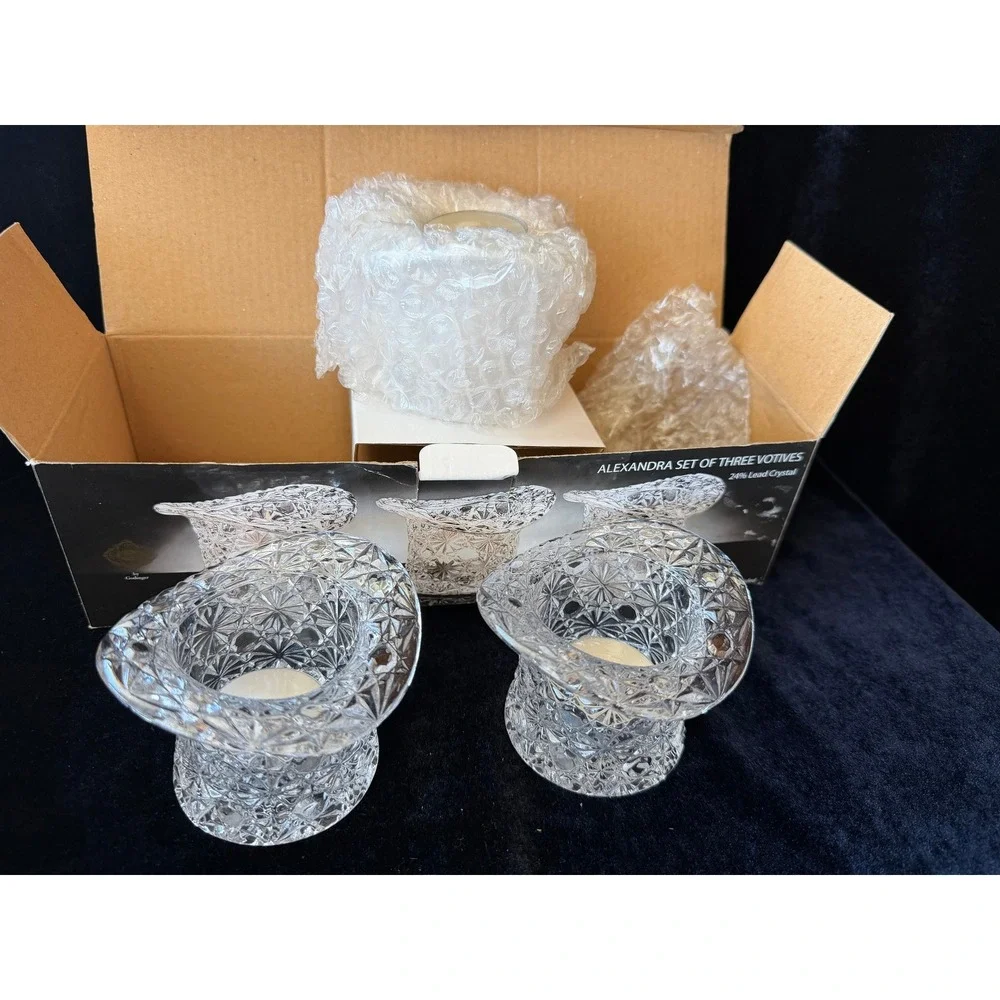 Vintage Alexandra 24% Lead Crystal Top Hat Votives Set Candle Holders New in Box